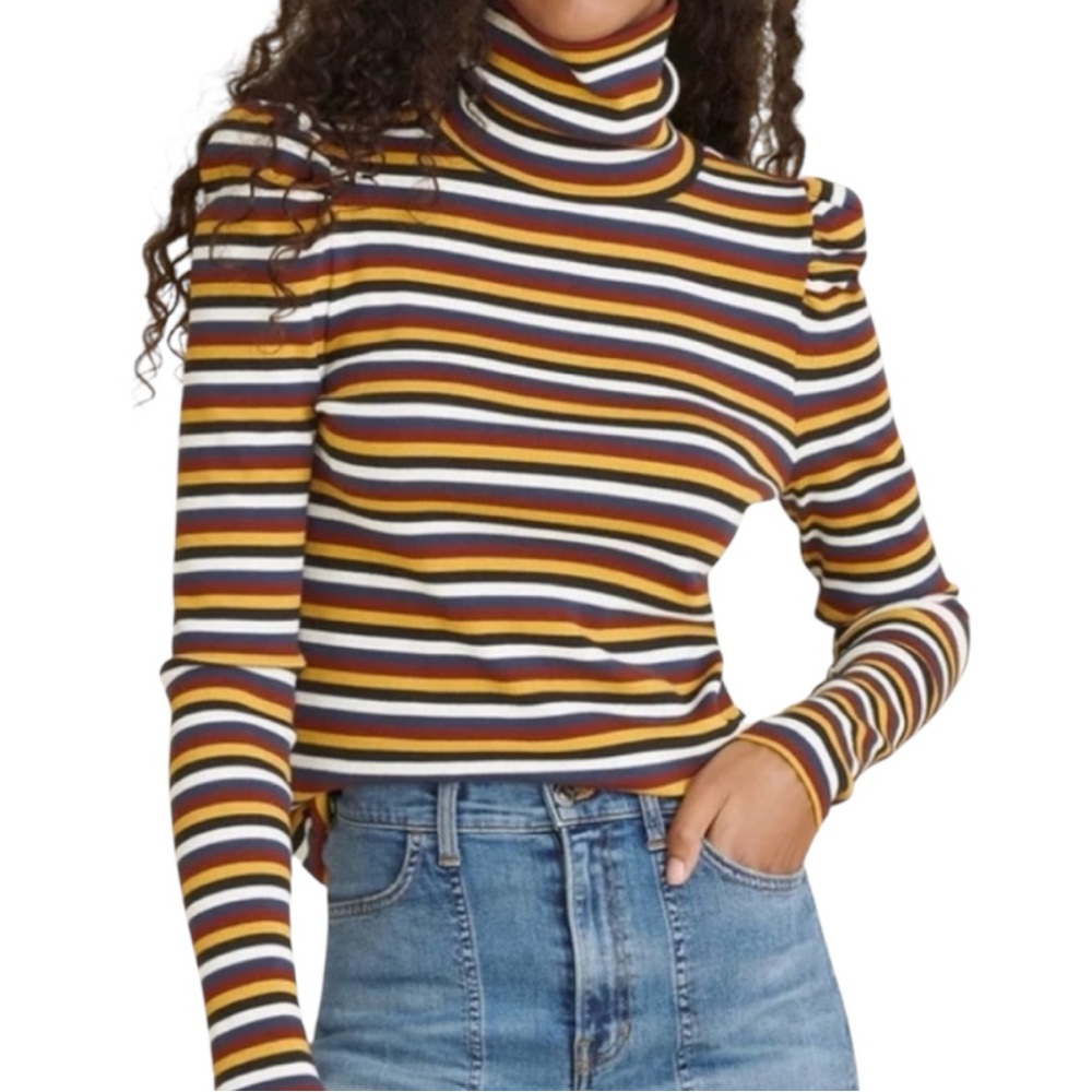 Veronica Beard Cedar Ribbed Turtleneck Multi Color Striped Puff Long Sleeve
